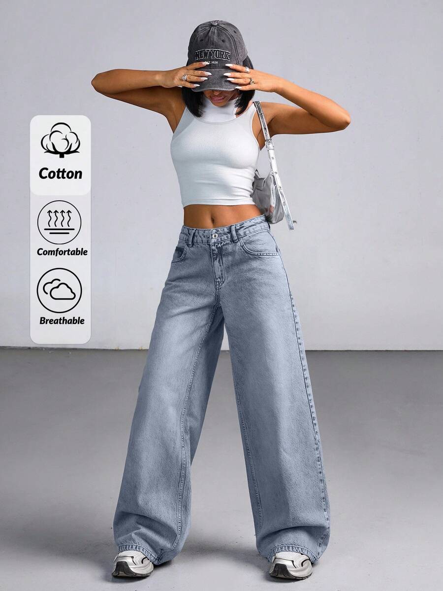 CasuGlow Low Waist Heavy Wash Slant Pocket Wide Leg Jeans - Light Wash - View 1