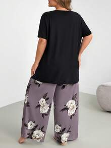 SHEIN CURVE+ Große Größen bedrucktes Kurzarm-Langhose-Pyjama-Set, Outfits - Verschiedenfarbig - Übersicht 3