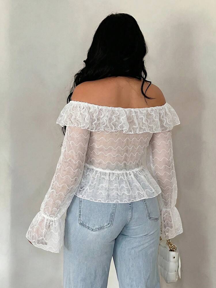 SHEIN SXY White Sheer Lace Fabric Off-Shoulder Long-Sleeved Tie-Up Top Ruffle Trim Vacation Dress Beach Evening Date Night Sexy Elegant Summer - Beige - View 2