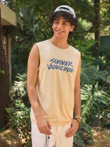 Whitmere 1pc Men's Summer English Text & Palm Tree Print Casual Sleeveless Tank Top - Apricot - View 5