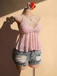 SHEIN ICON Plus Size Knit Halter Neck Shell Tassel Decor Babydoll Backless Tank Top - Pink - View 6