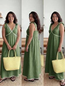 Enliva Plus-Size Women's Sleeveless Color Block Midi Dress Chic Summer Vacation Casual Tropical, For Apple And Rounded Beach Wedding Olive Green - Army Green - View 3