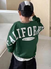 SHEIN Little Byeori 1件青少年男孩休閒學院風舒適時尚極簡街頭風寬鬆百搭大字母圖案厚款運動衫，適合日常穿著、上學、旅行、運動，秋冬季 - 綠色 - 查看 3