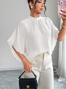 Elenzga Women's Plus Size Spring/Summer Round Neck Gathered Cuff Wavy Edge Design Loose Blouse - White - View 4
