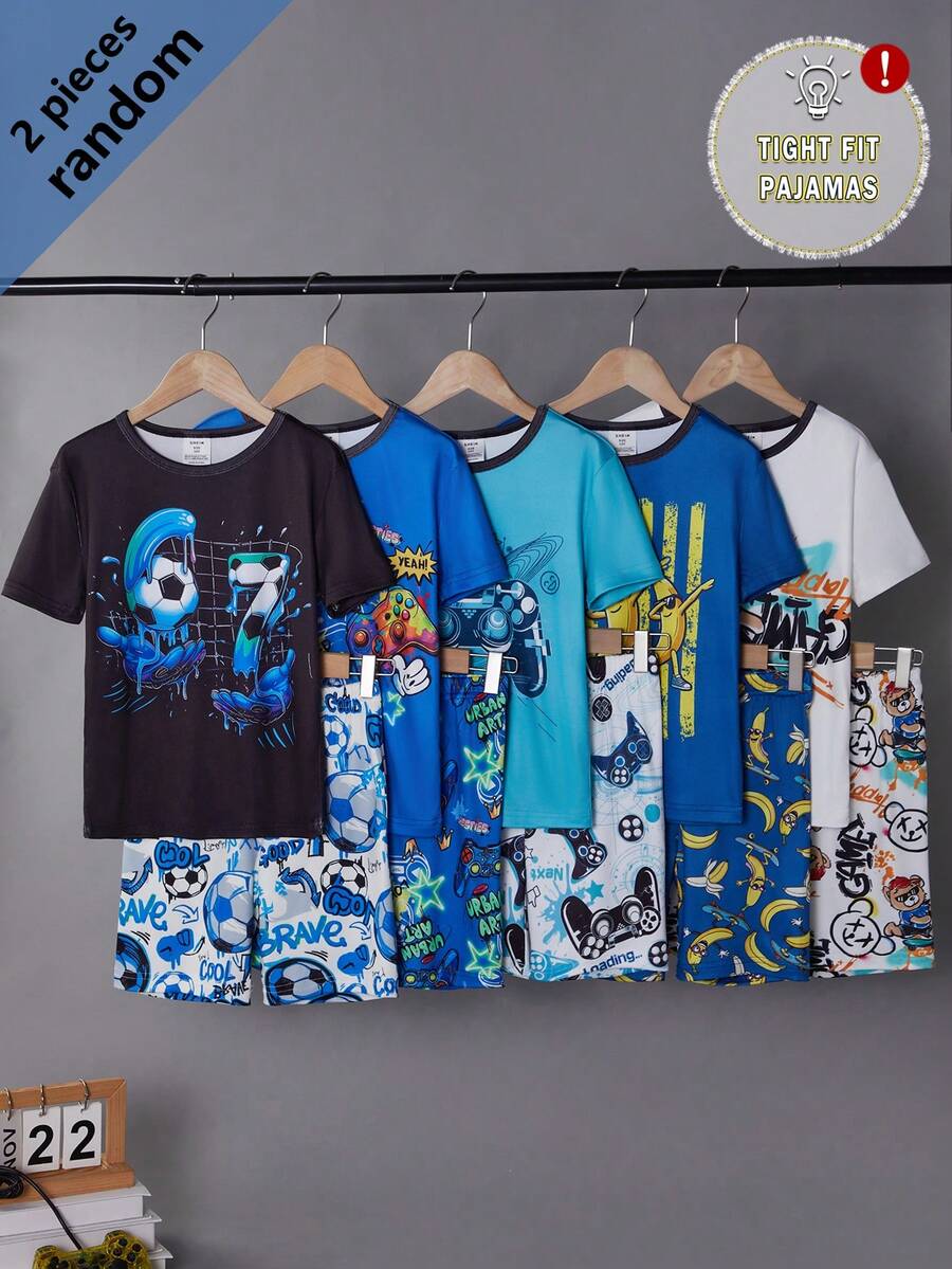 5套隨機發貨睡衣套裝(2件/套)青少年男童短袖短褲針織高彈力酷印花舒適柔軟修身居家服 男孩最佳禮物 - 彩色 - 查看 1