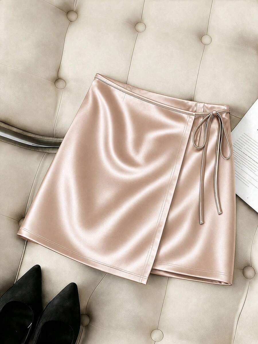 GlowEve CURVE Plus Size Women's Summer Fashion Elegant Commuter Front Panel Lace-Up Satin Skirt - Pink - View 1