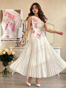 Modelyn Elegant Off-Shoulder Tie Waist Dress,3D Floral Mesh Fabric Asymmetric Ruffle HemDress,Beige,Garden Party Vacation Dinner Date Graduation Summer - Apricot - View 7