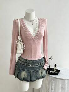 Elamini Cute & Sweet Textured Lace Splice Deep V Slim Fit Long Sleeve T-Shirt, Spring - Pink - View 1