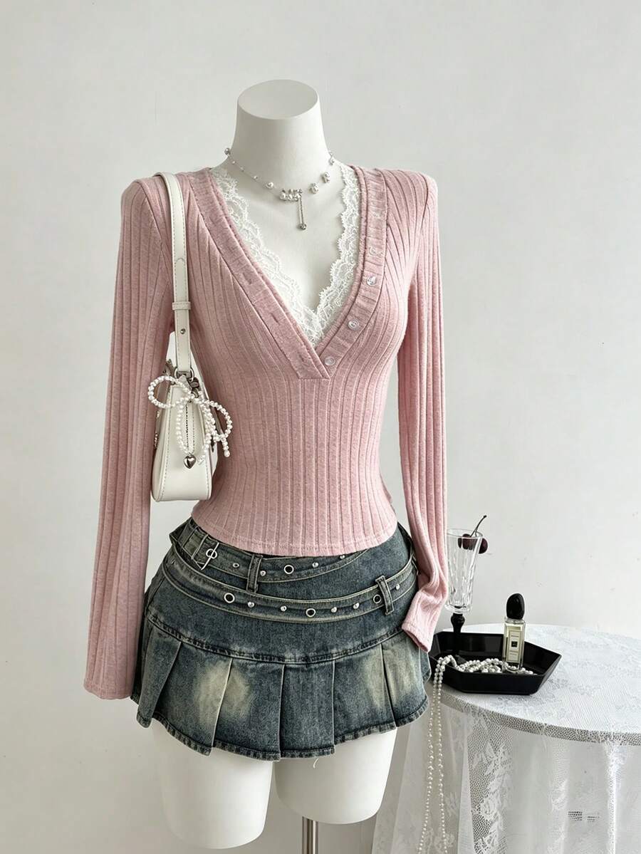 Elamini Cute & Sweet Textured Lace Splice Deep V Slim Fit Long Sleeve T-Shirt, Spring - Pink - View 1