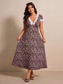Elaquor Plus Size Summer Short Sleeve V-Neck Random Print Vacation Style Dress - Multicolor - View 1