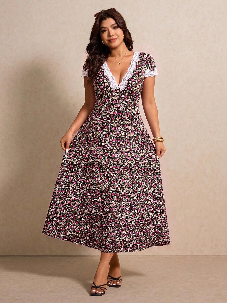 Elaquor Plus Size Summer Short Sleeve V-Neck Random Print Vacation Style Dress - Multicolor - View 1