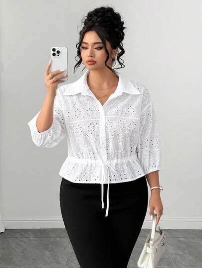 GlowEve CURVE Plus Size Women's Best-Selling Elegant Minimalist Shirt Collar Waist-Defining Mid-Sleeve Jacquard Fabric Blouse, Slimming Fit Cinched Waist Top, Suitable For Daily Commute, Formal Occasions, And Outings