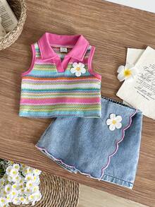 SHEIN 女嬰夏季幼童時尚休閒兩件套 橘色條紋提花針織面料小翻領V領背心 + 不對稱下擺牛仔短褲，附3D花朵裝飾，適合日常穿著、旅行與度假 - 彩色 - 查看 1