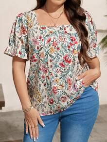 SHEIN LUNE 大尺碼女款方領花卉印花休閒百搭日常出遊襯衫 - 彩色 - 查看 10