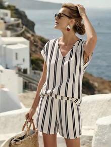 EMERY ROSE Women's V-Neck Striped Colorblock Top And Shorts Casual Daily 2-Piece Set - Apricot - View 4