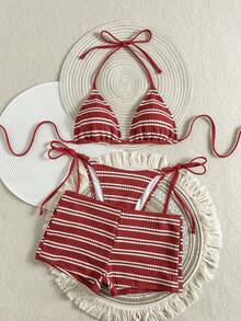 Bonvoyette Women's Summer Beach Simple Elegant Romantic Casual Vacation Sexy Sweet Cute Fashionable Swimsuit Set, All-Match Versatile Striped Textured Fabric, Bikini Three-Piece Set With Boy Shorts, Contrast Beaded Decoration, Suitable For Beach, Resort, Spa, Music Festival, Honeymoon And Casual Vacation Occasions - Multicolor - View 4