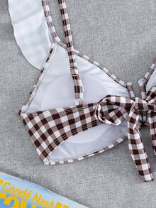 Swim Basics 新款歐美女款性感老錢風可愛時尚極簡純色荷葉邊抓褶深V露背綁帶上衣，海灘泳池派對棕色條紋 - 棕色 - 查看 5