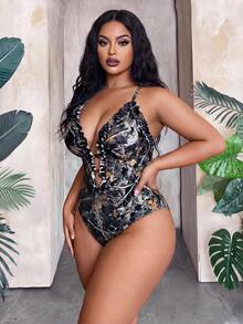 Maweii 2026 New Summer Beach Vacation Sexy Camouflage Tree Print, Ruffle Trim Plus Size One-Piece Swimsuit, Suitable For Vacation And Parties - Multicolor - View 3