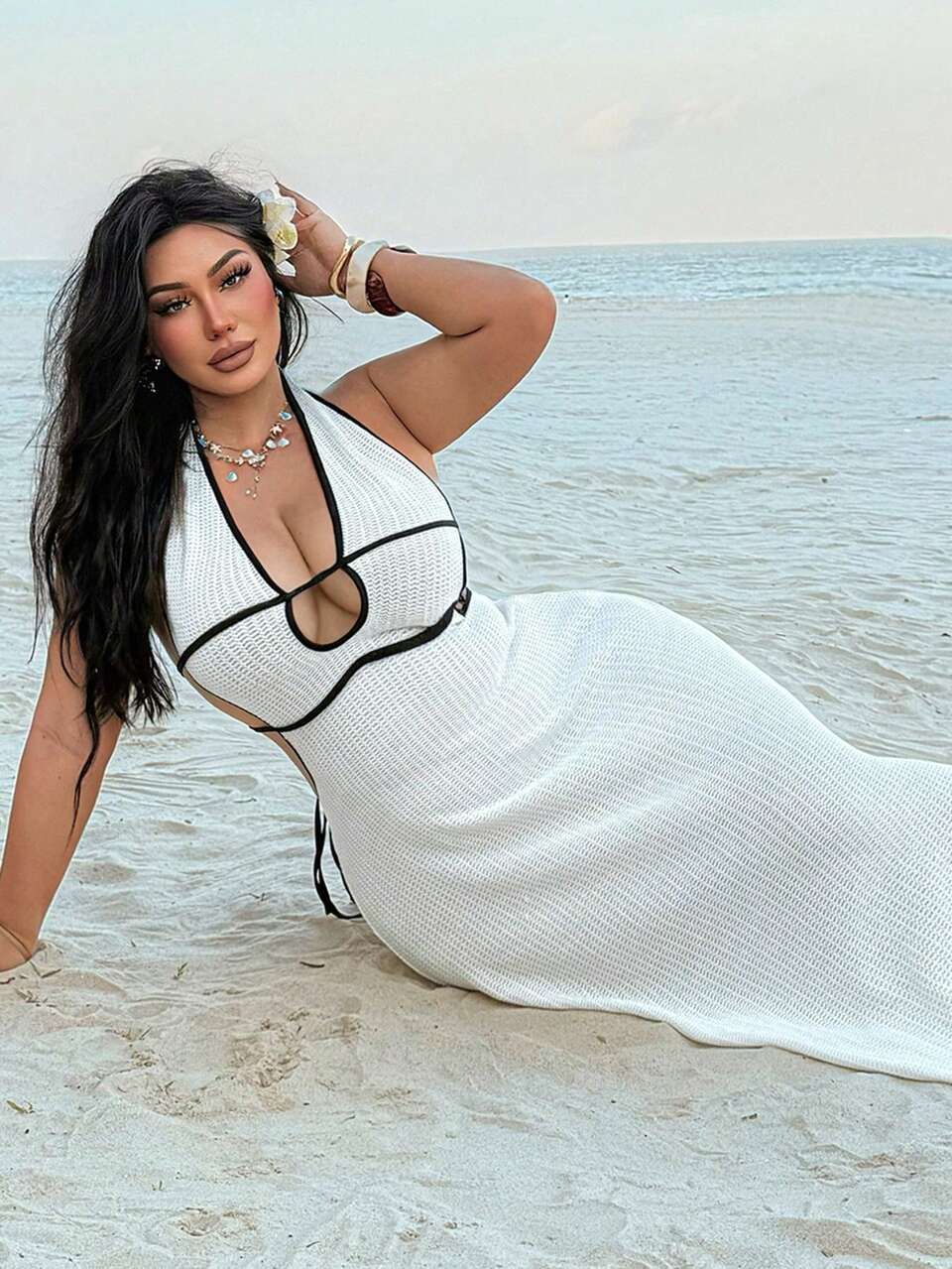 Dazy Plus Plus Size Women's Vacation Color Block Deep V-Neck Backless Sexy Halter Dress Sundress