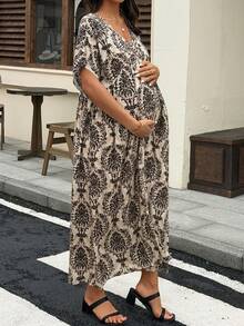 Dazy Maternity Floral Pattern All-Over Print Loose Short Sleeve Dress Casual Maternity Dress Summer - Navy Blue - View 7
