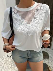 Dazy Plus Plus Size Women's Spring/Summer Casual Loose White Short Sleeve T-Shirt With Small Round Neck And Contrast Lace Design - White - View 6