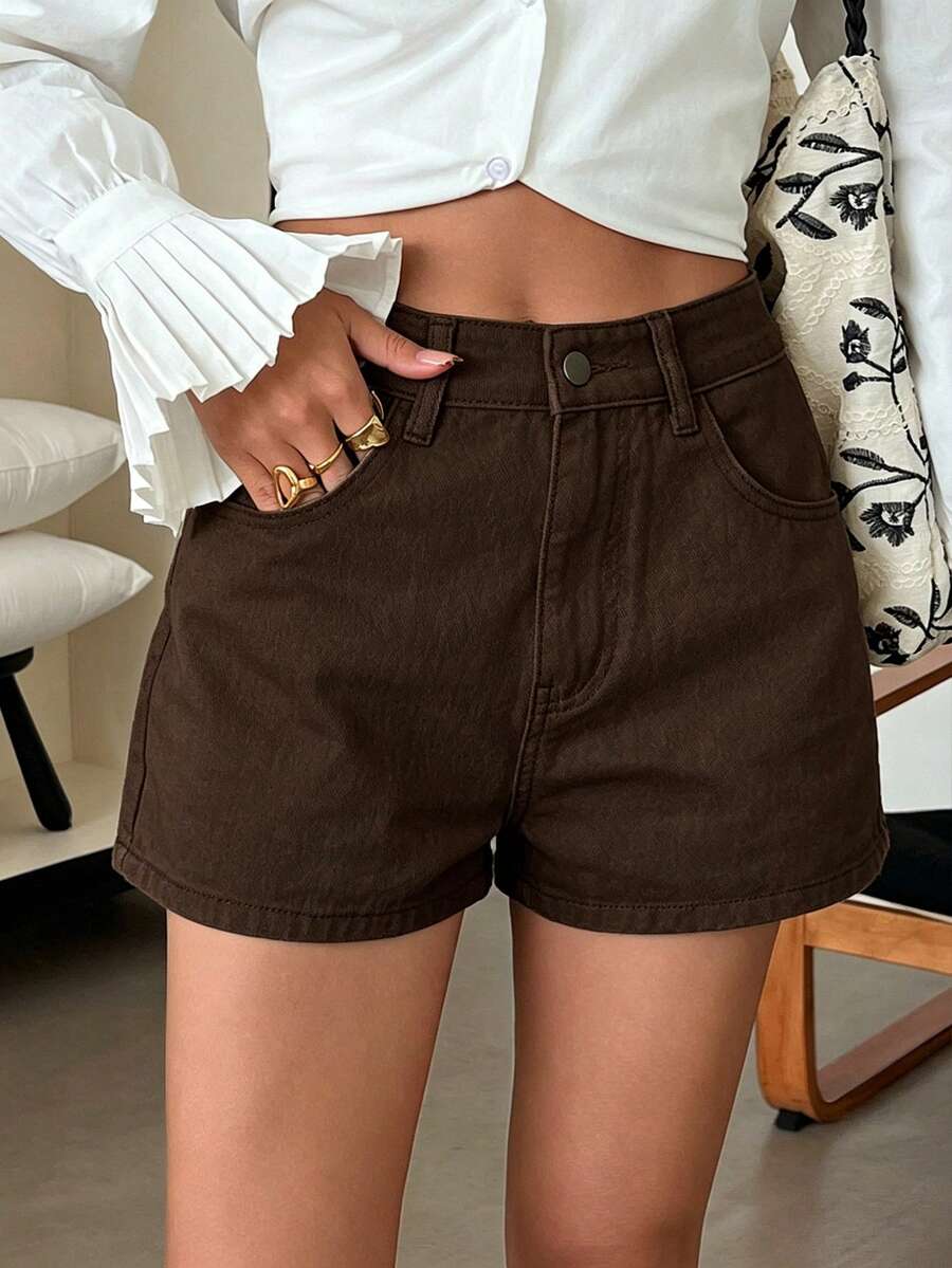 DAZY Spring/Summer Women's Casual Solid Color Washed Denim Shorts - Brown - View 1