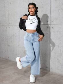 SHEIN PETITE 女款高腰口袋寬腿寬鬆休閒百搭牛仔褲 - 淺色水洗藍 - 查看 3