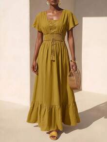 Zivah Summer Boho Vacation Mustard Yellow V-Neck Lace-Trimmed Multi-Layered Ruffled Halter Women Long Dress Suitable For Everyday Music Festivals Picnic - Mustard Yellow - View 4