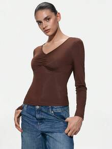 SHAPORA Pijama superior de mujer de unicolor con cuello en V, manga larga y fruncido - Café integral - Ver 5