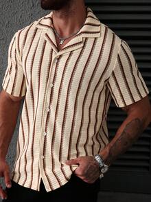 SLATEMANN 男士米色夏季休閒條紋襯衫，鈕扣式短袖紋理襯衫，適合度假與假期 - 彩色 - 查看 3