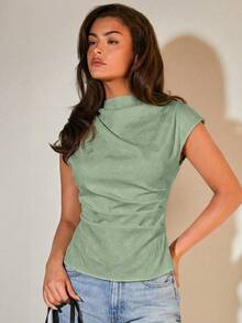 COSMINA Women's Solid Color Pleated Casual Versatile Daily Outing Top - Green - View 4