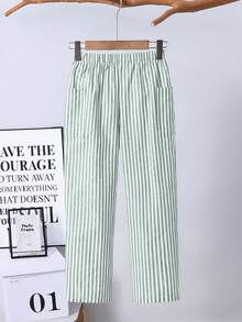 SHEIN 1pc Kids Tween Boy Green & White Pinstripe Elastic Waist Side Large Pocket Casual Long Pants Versatile Comfortable - Green - View 2