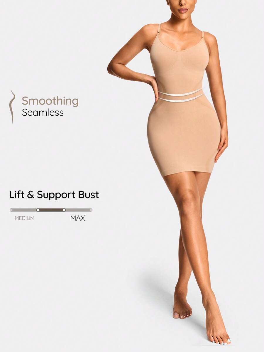 SHEIN Đầm định hình liền mạch dạng dây mảnh Spaghetti Shapewear Body Shaper nâng ngực & mông Kiểm soát eo bụng đùi - Màu be - Xem 1