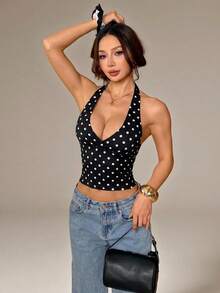 SHEIN PETITE 夏季白色波點印花極簡休閒掛脖上衣，適合早午餐、外出、約會、通勤休閒、Ibiza風格 - 黑色 - 查看 3