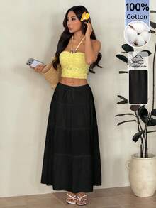 SHEIN PETITE 女款素色休閒荷葉邊下擺長裙，適合嬌小女性 - 黑色 - 查看 6