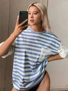 Livesso 女款條紋圓領落肩袖口袋設計寬鬆T恤 - 藍色 - 查看 7