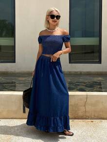 DAZY Women's Off-Shoulder Tight Crop Top And A-Line Denim Skirt Set, Spring/Summer - Blue - View 5