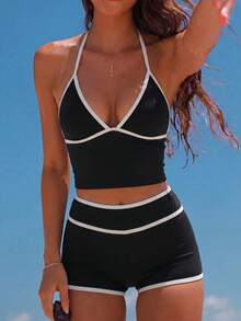Swim Mod Stylish Women's Halter Tankini Top With Tie Back Detail And Matching Colorblock Shorts - Black and White - View 1