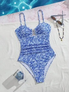 Swim Lushoire 女款藍色花卉U領連身泳衣，適合海灘熱帶度假、夏季輕盈派對 - 藍色 - 查看 8