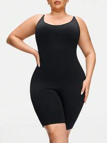 SHAPORA Plus Size Women Solid Color Scoop Neck Sleeveless Romper - Black - View 5