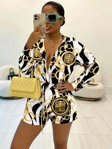 Rovax Women's Single-Breasted Full Print Long Sleeve Top And Shorts Casual 2 Pieces Set - Black - View 3