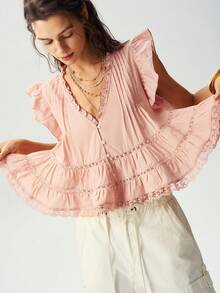 Bohemela Women's Summer Pink Woven Babydoll V-Neck Blouse,Ruffle + Lace Patchwork,Beach/Vacation/Festival/Party,Juneteenth,World Cup - Baby Pink - View 2