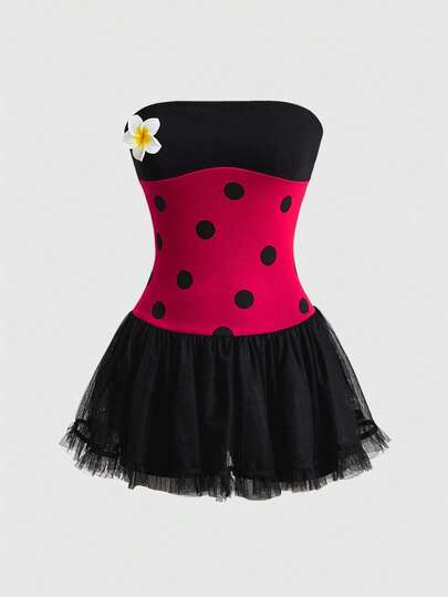 Kawaii Damen süßes Mädchen COS Sieben-Punkt-Marienkäfer & kleine gelbe Blume Dekor Bandeau Kleid