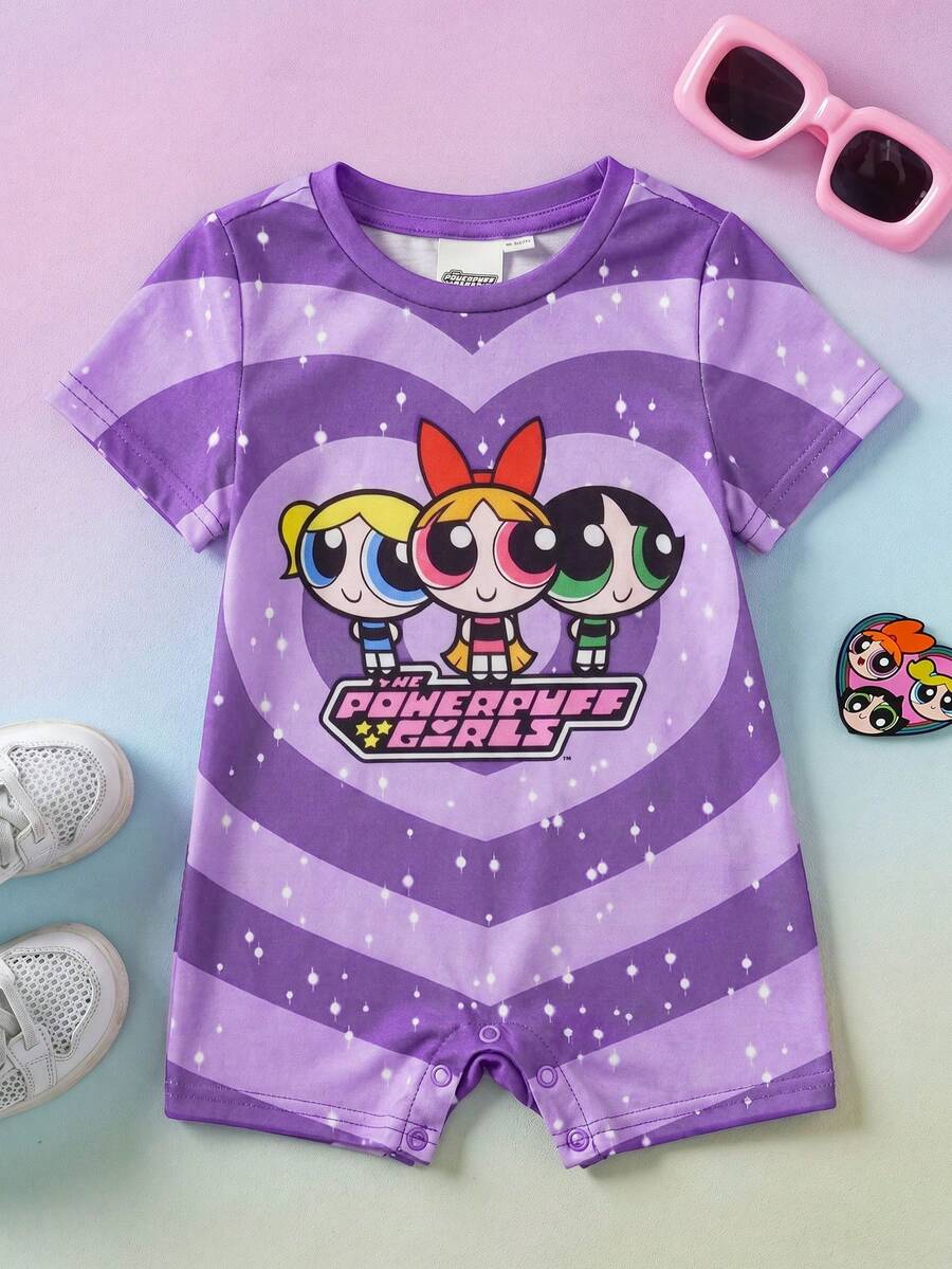 THE POWERPUFF GIRLS X SHEIN 女婴卡通印花休闲日常连体衣 - 紫色 - 查看 1