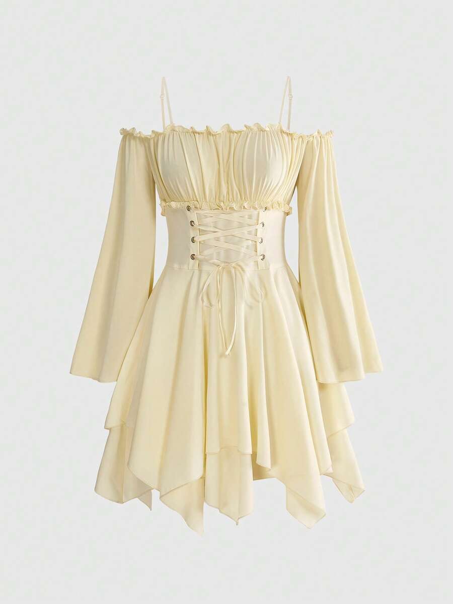 ROMWE Fairycore Women's Elegant Solid Color Off-Shoulder Spaghetti Strap Asymmetric Hem Cross Tie Waist Dress - Light Yellow - View 1