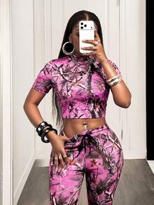 BamGleam Summer Casual Streetwear Vacation Fitness Color Printed Slim Fit Short Sleeve T-Shirt Club Pink Camouflage - Pink - View 5