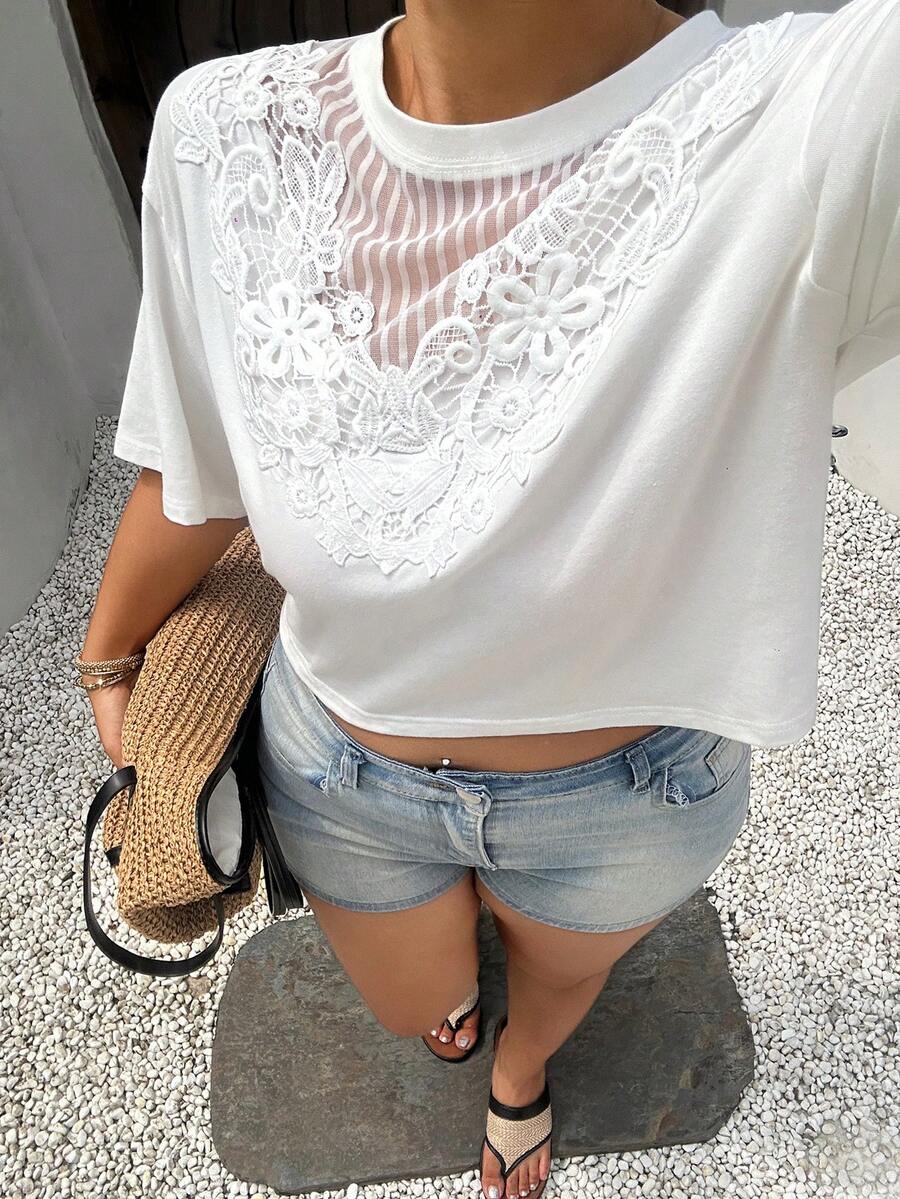 Dazy Plus Plus Size Women's Spring/Summer Casual Loose White Short Sleeve T-Shirt With Small Round Neck And Contrast Lace Design - White - View 1