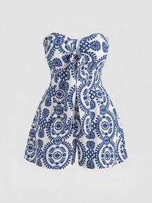 Sunnyshic Plus Size Women's Floral Print Casual Daily Outing Bandeau Romper - Multicolor - View 8