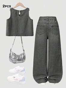 SHEIN 女童2件組牛仔套裝，夏季，柔軟，棉質，休閒，時尚，百搭，舒適，極簡，無袖牛仔背心，圓領，後開衩單鈕扣，彈性腰圍，蝴蝶結腰帶，經典五口袋修身版型，黑灰色水洗2件組牛仔褲套裝，適合日常出遊與度假 - 灰色 - 查看 2