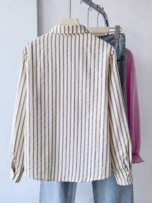 SHEIN Teen Girls Shirt Striped Texture Back To School Blouses Summer White Bow-Tie Peter Pan Collar Preppy Casual, Early Autumn Preppy Style,Versatile - Apricot - View 5